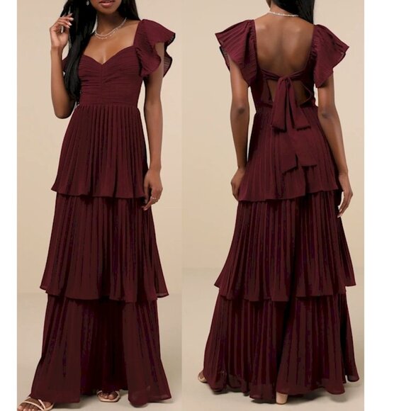 Lulus Dresses & Skirts - Lulus Notorious Charm Plum Pleated Flutter Sleeve Maxi Dress XS New NWT